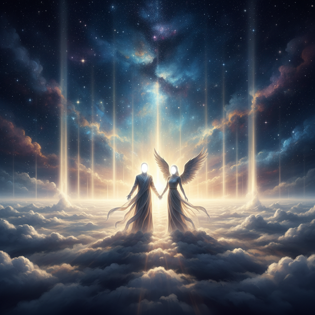 A breathtaking celestial scene above vast clouds under a star-filled cosmic sky, glowing divine light beams breaking through the heavens, symbolizing a miraculous spiritual journey, a radiant spiritual traveler accompanied by a luminous angelic presence, faces completely hidden in radiant white divine light blur, epic cinematic wide angle shot, dramatic cosmic atmosphere, ultra realistic HDR lighting, deep space stars, volumetric light rays, 8k cinematic photography, no cartoon, no animation, no 3D