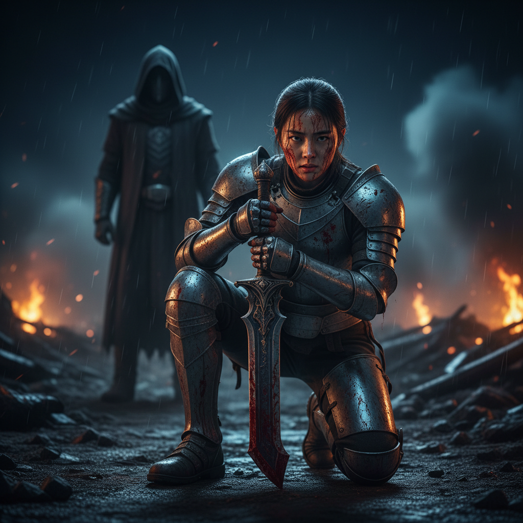 una chica coreana con traje  de metal llena de sangre  con su arma en sus brazos y una figura atras