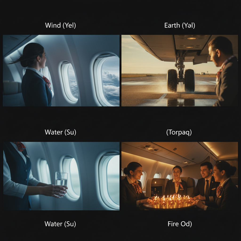 Cinematic, realistic, premium quality photo divided into 4 panels inside a modern airplane cabin, no text, soft cinematic lighting, each panel representing a Novruz çərşənbəsi:

1. Wind (Yel) panel: flight attendant near the window, hair slightly blown by wind, looking outside at dynamic clouds, subtle motion blur, conveying movement and freshness.

2. Earth (Torpaq) panel: airplane landing, focus on wheels touching the runway, pilot or flight attendant looking at the ground with trust and stability, warm earthy tones.

3. Water (Su) panel: flight attendant serving water to passengers, water gleaming in glass, soft natural light from window, calm and refreshing blue/aqua palette.

4. Fire (Od) panel: flight crew gathered around small decorative lights, smiling, warm colors (orange, red, yellow), conveying unity and festivity, premium cabin interior.

Cinematic composition, photorealistic textures, ultra-detailed, 4-part collage, high resolution, cinematic lighting.