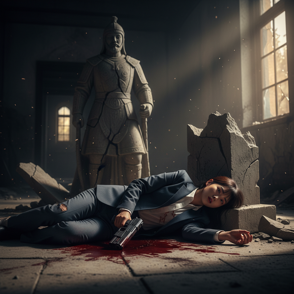 una chica coreana con traje muerta con su arma en manos con sangre y una piedra de estatua atras de ella