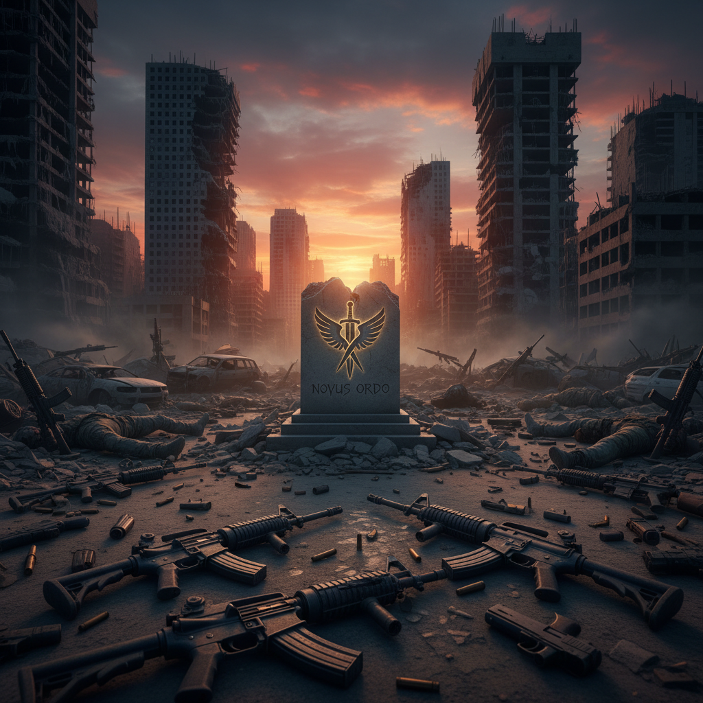 una ciudad destruida 
armas en el suelo, cuerpos sin vida y un emblema escrito