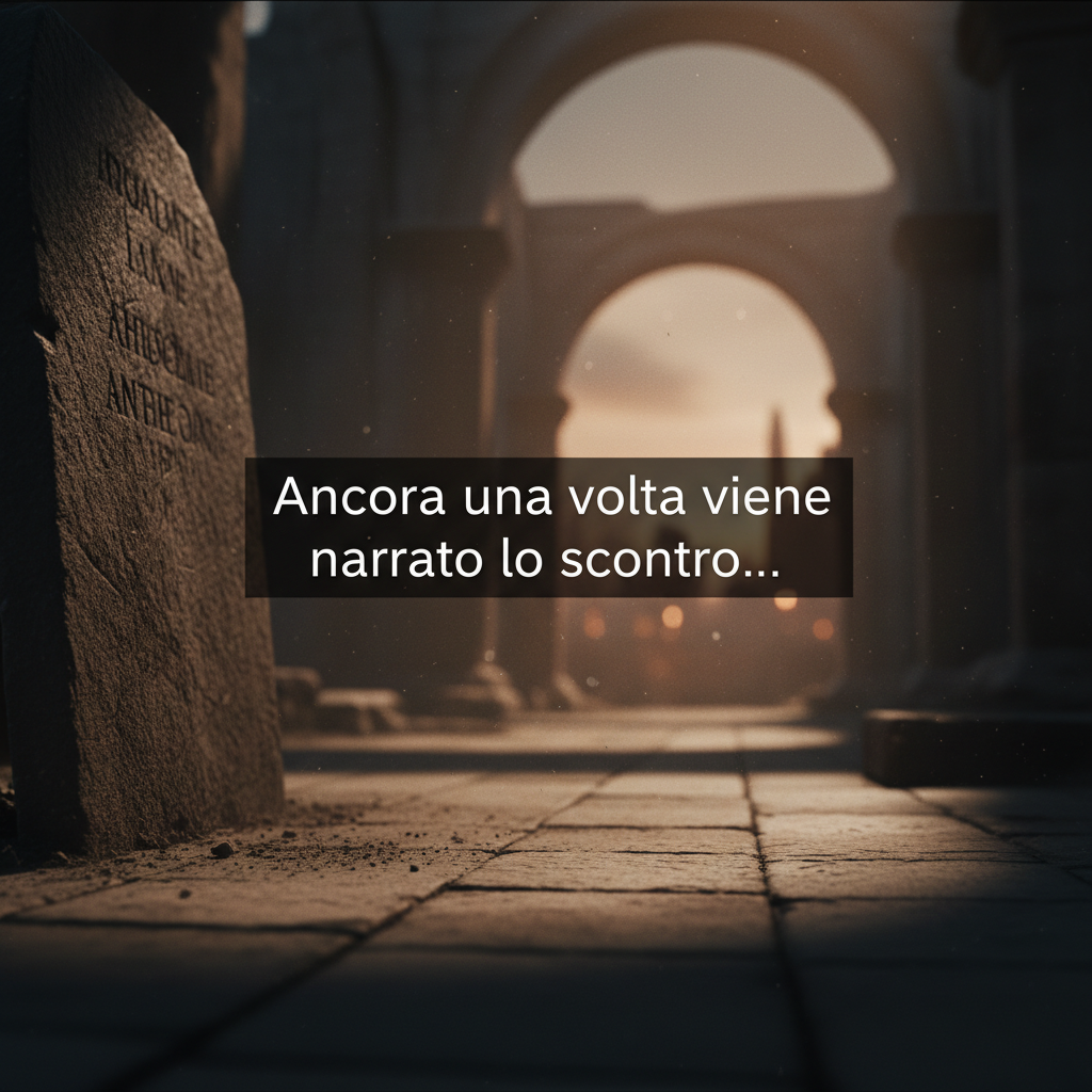 Genera un'intertitolo da mettere nel mio trailer con scritto: "Ancora una volta viene narrato lo scontro..."
Con caratteri normali e che si vedono normalmente nei trailer