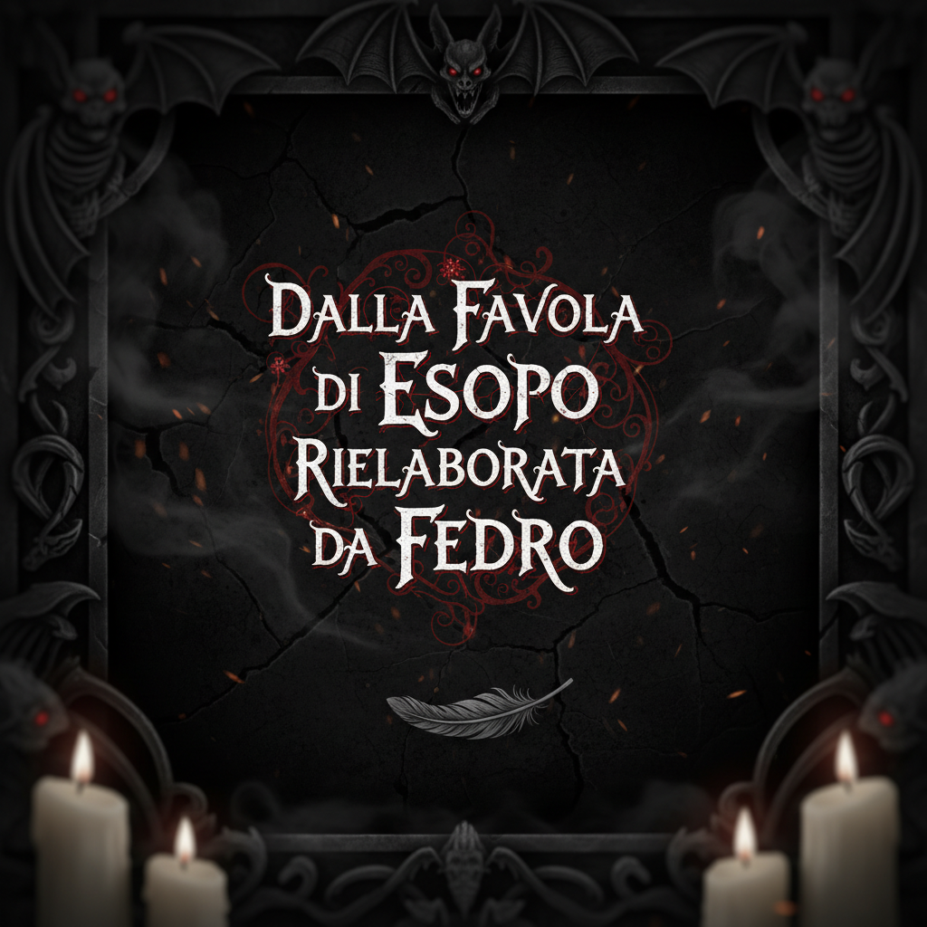 Genera un'intertitolo da mettere nel mio trailer con scritto: "Dalla favola di Esopo rielaborata da Fedro" ci deve essere una scritta su uno schermo nero, la scritta però deve essere particolare e ci deve essere un'atmosfera gotica