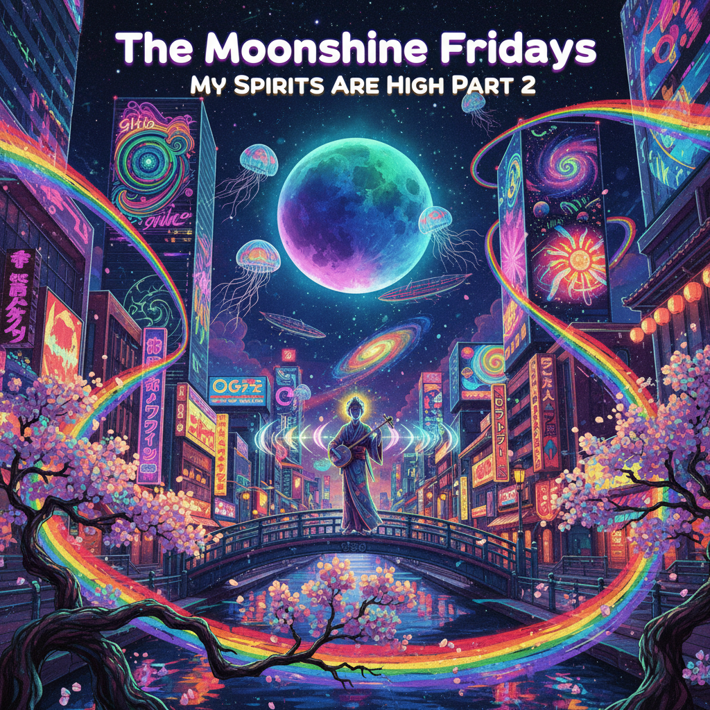 Cover art for a single release for the band the moonshine Fridays

A psychedelic universe with the Japanese city of Osaka as the backdrop. The word Osaka should not appear anywhere.

Style; japanese psychedelic art

Band mane: The Moonshine Fridays

Song name: My Spirits are High Part 2