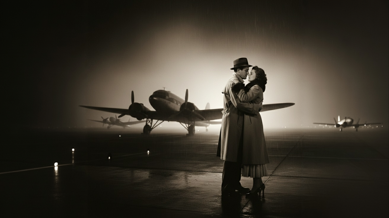 AI cinematic image inspired by the Casablanca airport farewell