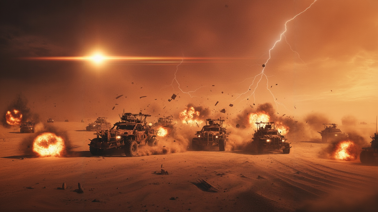 AI cinematic image inspired by Mad Max Fury Road desert chase