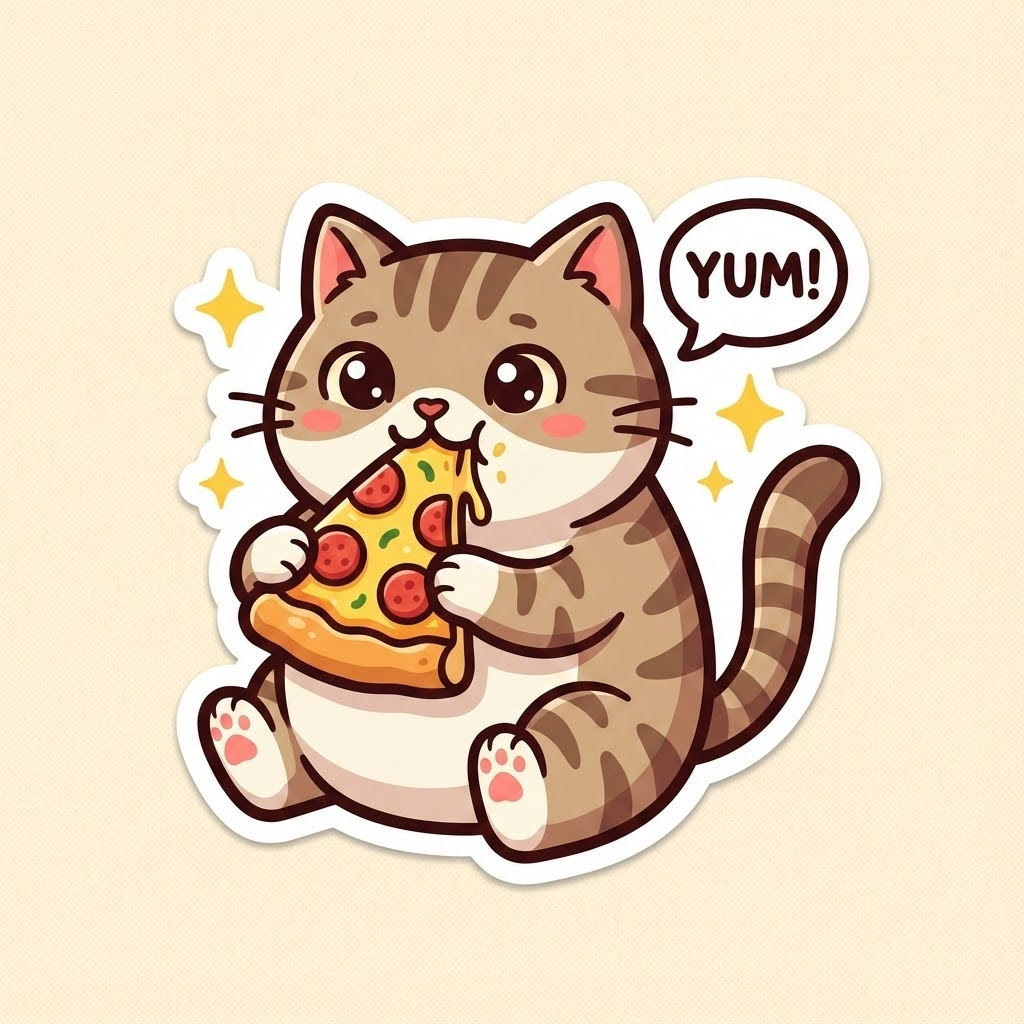 AI Sticker of a cat eating pizza