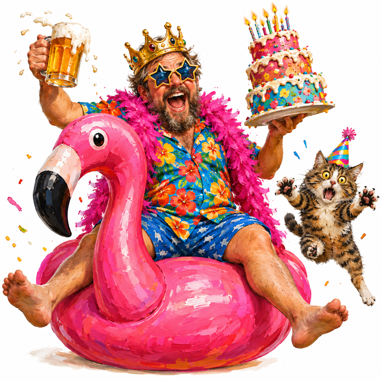 Cute caricature high-quality Create a vibrant, chaotic digital party illustration of an exuberant middle-aged man wearing a gold crown, star-shaped sunglasses, a colorful floral shirt, blue patterned shorts, and a bright pink feather boa, wide-eyed and open-mouthed, cheering as he rides a giant pink inflatable flamingo pool cart. In one hand he holds a foaming glass of beer and in the other hand a multi-tiered birthday cake with burning candles. Next to him, a frightened tabby cat in a party hat jumps into the air with wide eyes and outstretched paws..Rendering in Native 4K, 50 pixels oil painting, white background