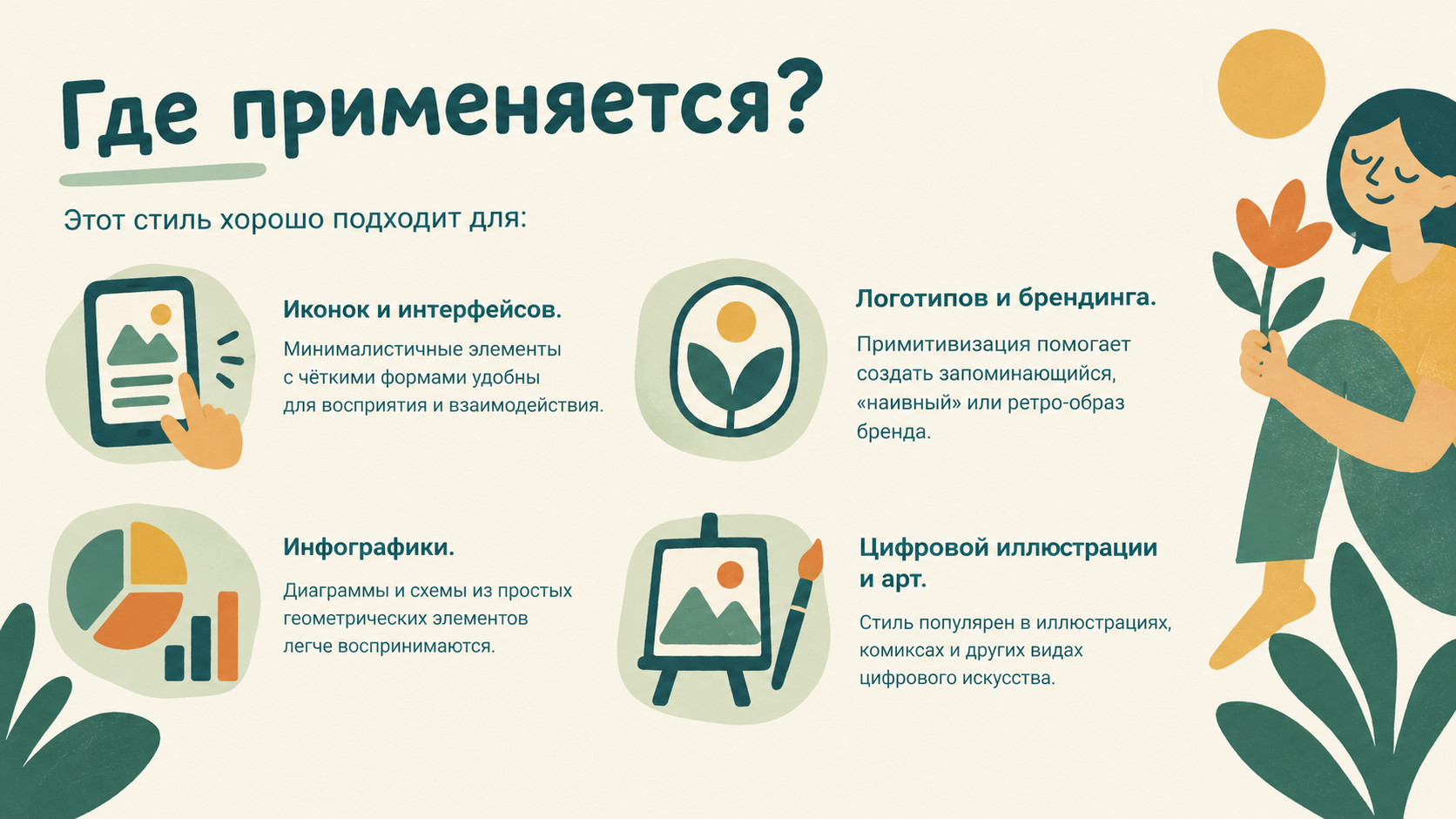 создай слайд для презентации на тему привитивизм в стиле и цветах и шрифтах  загруженного изображения!!! Добавь следующий текст: Где применяется?

Этот стиль хорошо подходит для:

Иконок и интерфейсов. Минималистичные элементы с чёткими формами удобны для восприятия и взаимодействия.

Логотипов и брендинга. Примитивизация помогает создать запоминающийся, «наивный» или ретро-образ бренда.

Инфографики. Диаграммы и схемы из простых 
геометрических элементов легче воспринимаются.

Цифровой иллюстрации и арт. Стиль популярен в иллюстрациях, комиксах и других видах цифрового искусства.