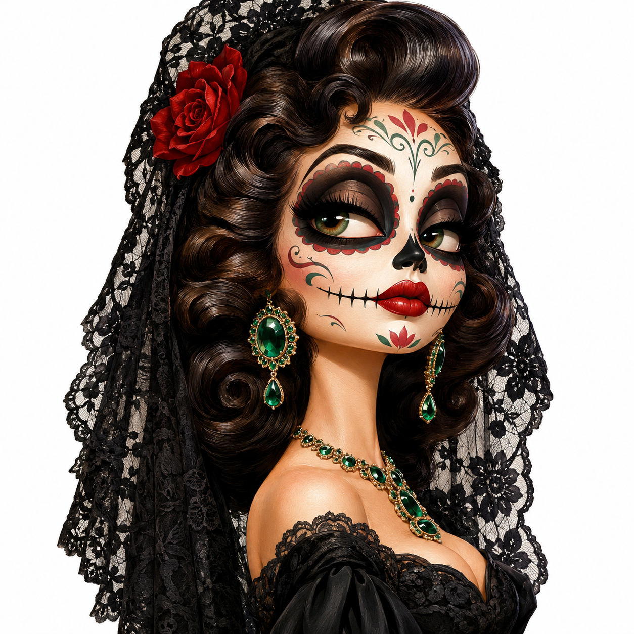 An explorer standing on a cliff, watching aurora ribbons illuminate the sky Cute caricature, high quality, A diva in the style of the 1940s. She has classic Catrina makeup, but her hair is styled in perfect, old Hollywood curls. She wears a dramatic, black lace mantilla (veil) and striking vintage jewelry with green emeralds.,with heavily exaggerated caricature faces . Rendering in Native 1K, ultra-detailed oil painting, white background. above GPTImage.app's creative studio.