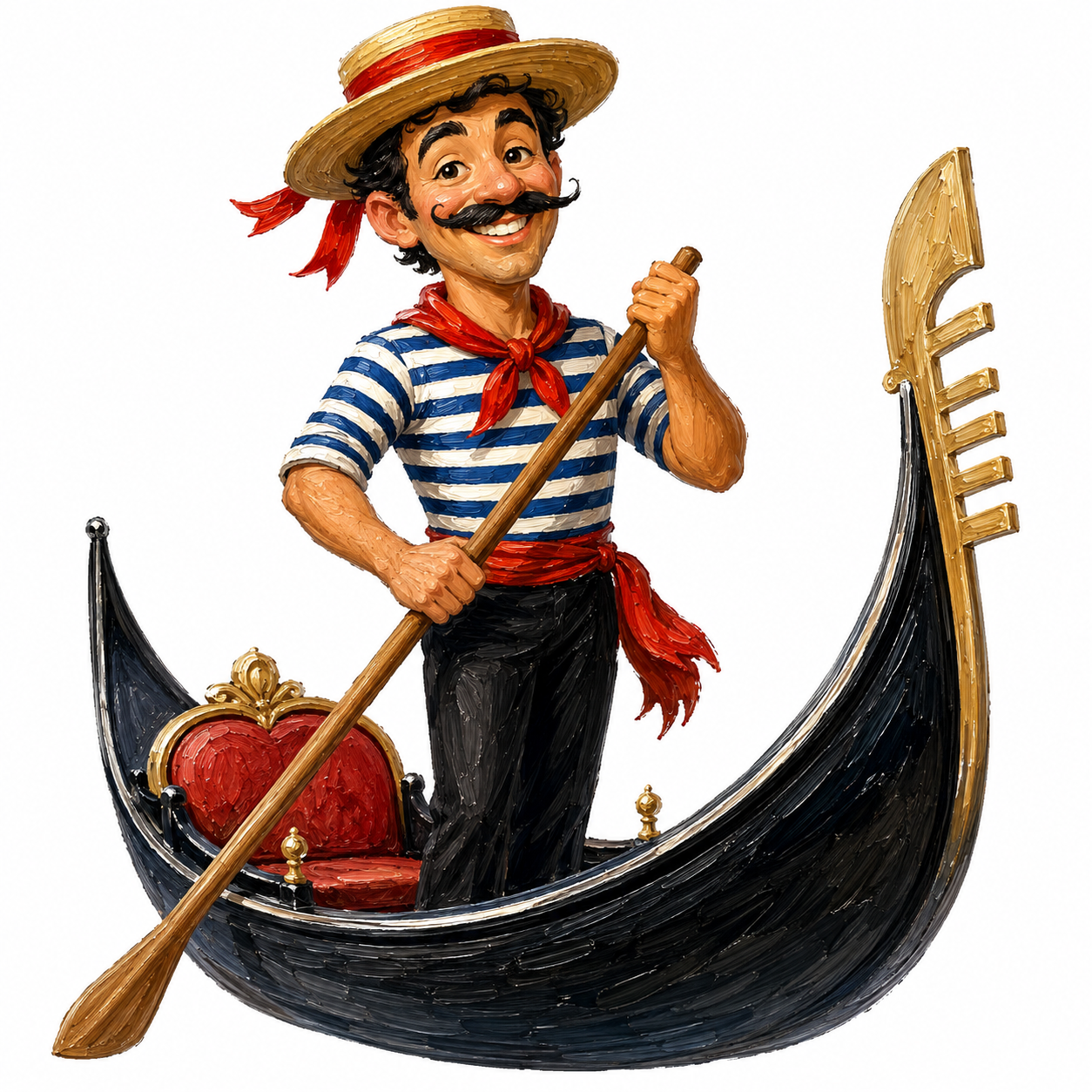 Cute caricature high-quality cheerful gondolier controlling an elegant black gondola. The gondolier has dark hair, a distinctive mustache, a straw hat with a red ribbon, a blue and white striped jersey, a red scarf and black trousers, and holds a long oar with a joyful expression. . .  Rendering in Native 4K, 50 pixels oil painting, white background
