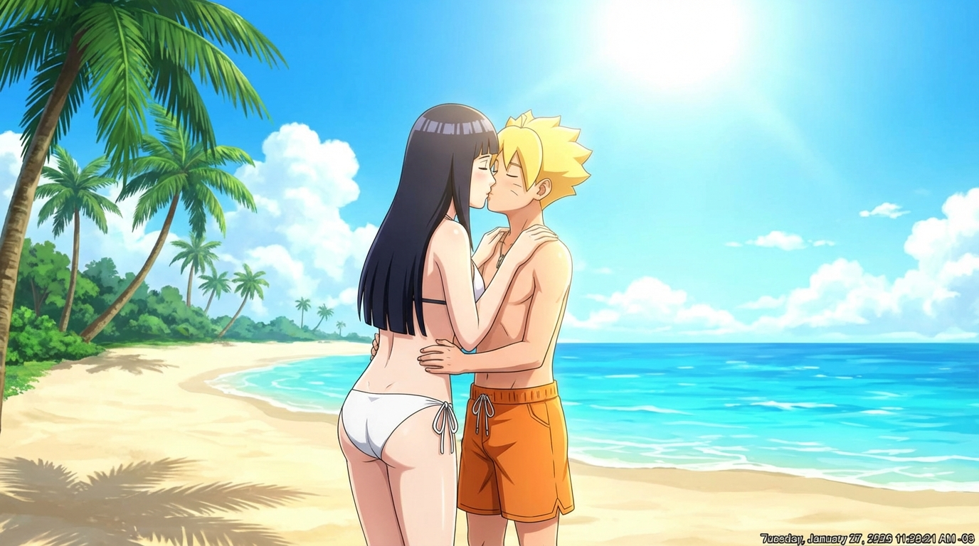 Create a scene of Hinata Hyuuga and her son, Boruto Uzumaki. Generate in the same art style of the Boruto: Naruto Next Generations.



Hinata and Boruto are in a beach, kissing. Boruto wears an orange shorts. Hinata wears only the bottom part of her white bikini, her giants breasts getting the sun light.
