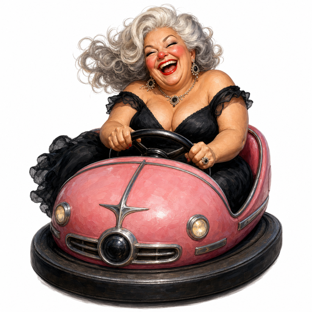 cute caricaturecurvy older woman with voluminous, flowing silver hair, laughing cheerfully with her eyes closed and wearing an elegant black dress and a striking bright nose and rosy cheeks. She sits in a vintage-style round pink bumper car with metallic trim and a black steering wheel. The expression of the character is characterized by exuberant joy, with detailed facial features and expressive makeup..  Rendering in Native 4K. oil painting, white Background