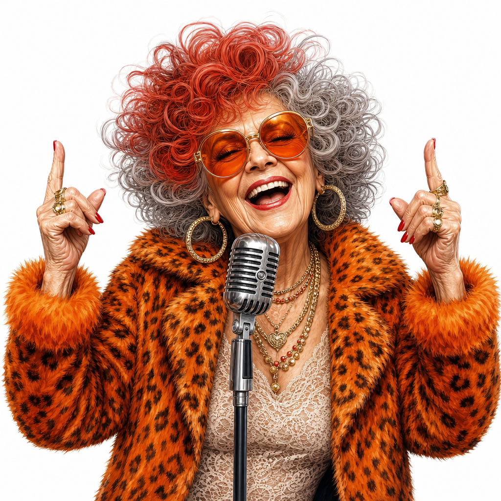 cute caricature stylish „Rockstar Granny“ figure with voluminous, curly hair that fades from bright red at the roots to gray at the tips and wears oversized, warm-toned, orange-tinted retro sunglasses. She laughs merrily into a classic vintage silver studio microphone. She wears a striking, bright orange leopard-print faux fur coat with striking fluffy cuffs, layered over a delicate lace top and adorned with chunky gold hoop earrings and layered necklaces. Her hands are raised on both sides with fingers pointing upwards and feature manicured red fingernails and visible gold rings. .  Rendering in Native 4K. oil painting, white Background