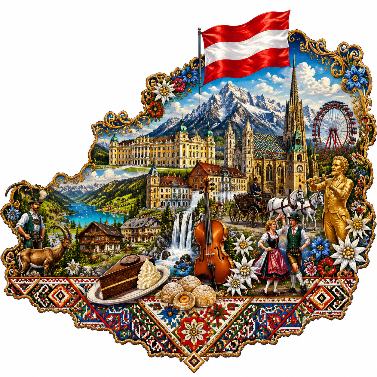 Cute Caricature Create an extremely detailed, vibrant digital illustration shaped into the silhouette of Austria, blending diverse cultural icons and landscapes into a cohesive collage. In the upper part the Austrian flag flies Decorative elements frame the edge. The entire collage is limited at the base by colorful, geometric, indigenous-inspired patterns. .. rerndering in Native 4K, Oil Painting, White Background