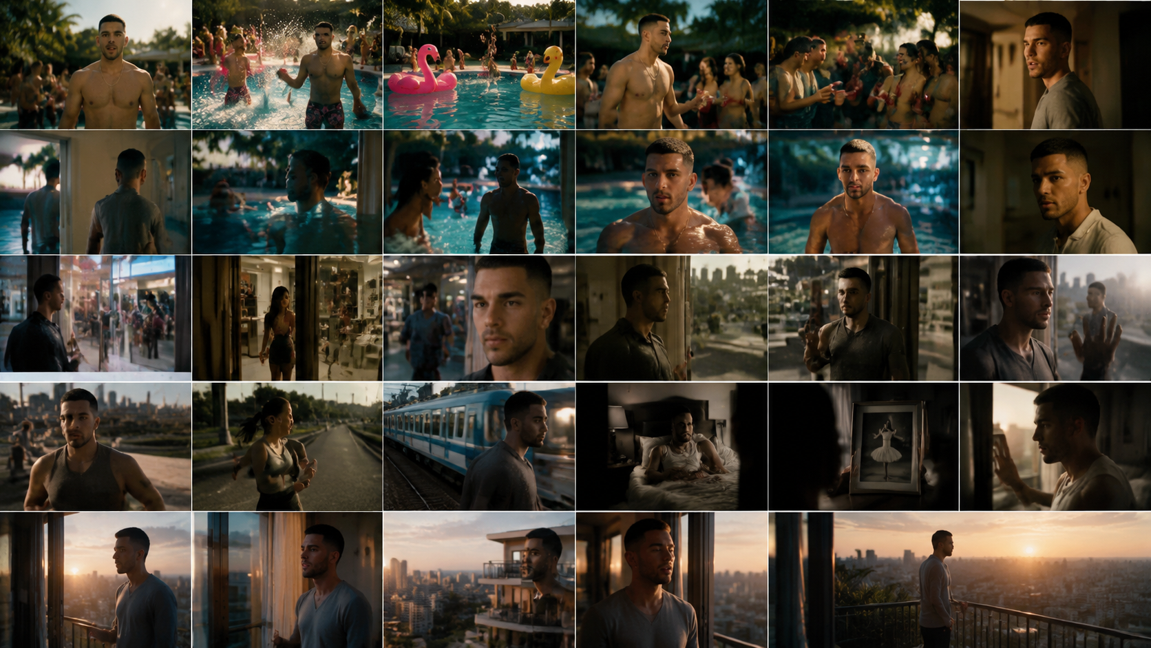 EXACT same male singer face across all scenes (identity lock ON)
clean stylish shaved haircut (fresh fade, sharp lineup, groomed beard or clean shave)
fit athletic body (natural human build, NOT overly muscular, NOT bodybuilder)
same age, same facial structure, same skin tone
no face morphing, no identity drift, no distortion
cinematic realism 35mm film look
ultra stable AI rendering (temporal consistency ON)SCENE 1 — POOL PARTY INTRO (Chunks 1–9)

Mood: energetic, fun, summer vibe

Chunk 1 (0–5s)

Singer stands by pool edge, starts singing, shirtless, fiesta shorts, golden sunlight, camera slow push-in.

Chunk 2 (5–10s)

People behind him splashing water, laughing, water guns firing in slow motion.

Chunk 3 (10–15s)

Inflatable flamingo + duck floaties drifting across pool, cinematic water reflections.

Chunk 4 (15–20s)

Singer turns slightly, gestures while singing, confident emotional delivery.

Chunk 5 (20–25s)

Group chilling with red tumblers, relaxed smoke haze in background (soft, not focus).

Chunk 6 (25–30s)

Slow motion jump into pool behind him, splash freeze frame style.

Chunk 7 (30–35s)

Camera circles singer, water reflections on face and body.

Chunk 8 (35–40s)

He walks slightly toward camera, still singing.

Chunk 9 (40–43s)

Hard emotional transition glance toward house corridor.

🏠 SCENE 2 — HOUSE TRANSITION (Chunks 10–14)

Mood: shift from party → emotional

Chunk 10

Singer walks from pool into shaded corridor, water dripping.

Chunk 11

Lighting shifts cooler, he sings more emotional.

Chunk 12

He pauses at doorway looking outside.

Chunk 13

Party sound fades visually behind him.

Chunk 14

He enters house fully, camera follows behind.

💔 SCENE 3 — SEEING HER WITH ANOTHER MAN (Chunks 15–20)

Mood: heartbreak

Chunk 15

Singer inside house looking out to pool area.

Chunk 16

Girl talking closely with another man near pool.

Chunk 17

Singer frozen, singing in pain.

Chunk 18

Close-up emotional face, eyes intense.

Chunk 19

Blurred background of couple together.

Chunk 20

Slow zoom on singer turning away slightly.

🛍️ SCENE 4 — SHOPPING WINDOW (Chunks 21–25)

Chunk 21

Singer outside mall glass, singing.

Chunk 22

Girl walking inside luxury shop.

Chunk 23

Reflection overlap (singer + girl merged in glass).

Chunk 24

Camera slides along glass surface.

Chunk 25

Singer hand touches glass softly.

🏃‍♂️ SCENE 5 — MORNING TRAIN MOMENT (Chunks 26–31)

Chunk 26

Early morning jogging singer.

Chunk 27

Girl jogs opposite direction.

Chunk 28

They pass each other, eye contact moment.

Chunk 29

Small city train moving in background.

Chunk 30

Singer turns head watching her leave.

Chunk 31

Soft sunrise lens flare.

🛏️ SCENE 6 — BEDROOM REVEAL (Chunks 32–37)

Chunk 32

Singer wakes up in bed (night vest + trousers).

Chunk 33

He breathes deeply, emotional.

Chunk 34

Sees framed ballet photo of girl.

Chunk 35

Close-up photo (ballet pose, one leg raised).

Chunk 36

Singer reaches toward photo.

Chunk 37

Soft fade glow effect on memory.

🌅 SCENE 7 — BALCONY ENDING (Chunks 38–43)

Chunk 38

Singer steps onto balcony.

Chunk 39

Sunrise over city.

Chunk 40

Girl’s house visible next door.

Chunk 41

Singer sings final emotional lines.

Chunk 42

Wind blows, calm atmosphere.

Chunk 43 (FINAL SHOT)

Wide cinematic shot — singer alone, sunrise, emotional fade-out.Ultra realistic cinematic portrait of the same man from reference image, preserve identical face, facial structure, skin tone, hairstyle and age consistency across all scenes, high facial identity lock, natural lighting, 35mm film look, shallow depth of field, detailed skin texture, professional color grading, high realism.wardrobe varies per scene, do NOT keep same outfit across scenes, no musical instruments unless explicitly requested, no guitar, no prop duplication, natural clothing adaptation based on environment, realistic fashion styling per location and mood.
