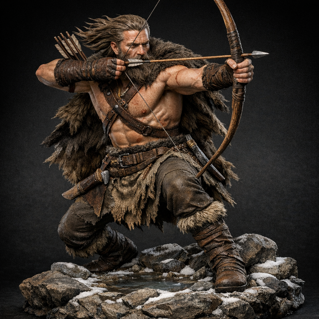 Create a full-body high-end 3D collectible statue with a visible base, designed as a physical object optimized for 3D printing.
A realistic Nordic Viking archer warrior, rugged and battle-worn, captured in the exact moment before releasing an arrow. This must be a premium collectible statue, not a toy, not stylized, not cartoon, not anime.
POSE:
Left leg forward and firmly planted on uneven rocky terrain, right leg back for support, low and aggressive stance. Strong torsion through hips and torso toward the target. Left arm fully extended holding a carved wooden longbow. Right arm pulled back with the arrow nocked and the bowstring perfectly taut and straight. The arrow aligned precisely with the dominant eye. Visible muscular tension in shoulders, forearms and hands. Expression intense, focused, controlled breathing — one second before impact.
HEAD & HAIR:
No helmet. Long Nordic hair flowing backward due to strong wind coming from the front. Thick beard also flowing in the same direction. Hair sculpted in separated thick strands with clear directionality and volume, not soft or blurry, not anime spikes. Wind direction consistent across hair, beard, loose straps and cloth edges.
FACE DETAILS:
Weathered skin, subtle healed battle scar visible (on chest, arm or thigh if exposed). Cold determined eyes. Mature rugged features.
OUTFIT:
Bare muscular torso with realistic anatomy (not superhero exaggerated). Leather straps crossing the chest with visible stitching and metal rivets. Thick bear pelt draped over one shoulder with layered fur texture and natural volume. Rugged fabric skirt/tunic with worn edges and visible cloth weave. Fur waist layer. Heavy leather boots with fur trim and stitching. Bracers on both arms made of worn leather. No heavy plate armor.
GEAR:
Functional quiver filled with arrows clearly visible (attached to back or belt). Additional small axe or seax knife hanging from belt. Everything practical and battle-worn.
BASE:
Uneven rocky terrain suggesting harsh Nordic environment. Scattered stones of different sizes. Small patches of snow accumulated between rocks. Some shallow depressions containing partially frozen ice surfaces. Subtle frost details on stone edges. No smooth museum pedestal — the base must feel natural, rugged and cold.
MATERIAL & SCULPT QUALITY:
Hyper-detailed textures: leather grain, fur strands, wood grain on bow, metal scratches, fabric weave. Clean separations between materials. Designed as a realistic resin collectible statue. No ultra-thin fragile elements. Physically plausible balance and weight distribution.
LIGHTING:
Cinematic studio lighting highlighting form and textures, neutral or dark gradient background.
EXCLUSIONS:
No cartoon style, no anime, no stylized proportions, no helmet, no modern elements, no smooth flat base, no toy look, no text, no watermark.