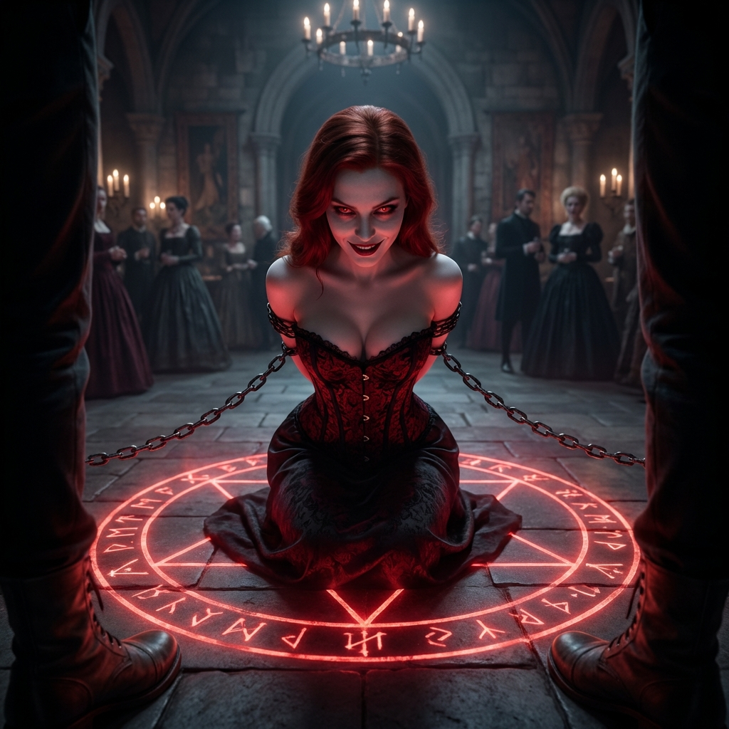 modern photorealistic dark fantasy movie scene, sharp focus, almost directly overhead POV from a standing character positioned extremely close above a pale redhead goth vampire kneeling inside a glowing red summoning circle, the viewer’s lower legs and boots visible only as a subtle foreground frame at the bottom edge, natural proportions, no exaggerated feet, the vampire actively pushing up against the viewer and invading their space, arms bound behind her back with chains taut across her torso, black and red corset dress, dramatic hourglass silhouette, seductive sinister grin, glowing red eyes, direct eye contact, cinematic red underlighting, cool dim overhead highlights, gothic castle ballroom party in soft focus background, candles, chandeliers, blurred aristocrats, moody atmosphere, romantic dark color grading, ultra detailed, film still, landscape composition