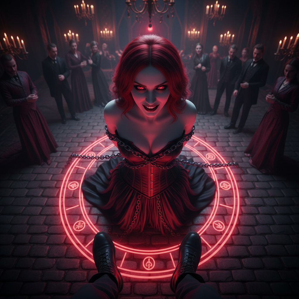 modern photorealistic dark fantasy movie scene, sharp focus, almost directly overhead POV from a standing character positioned extremely close above a pale redhead goth vampire kneeling inside a glowing red summoning circle, the viewer’s lower legs and boots visible only as a subtle foreground frame at the bottom edge, natural proportions, no exaggerated feet, the vampire actively pushing up against the viewer and invading their space, arms bound behind her back with chains taut across her torso, black and red corset dress, dramatic hourglass silhouette, seductive sinister grin, glowing red eyes, direct eye contact, cinematic red underlighting, cool dim overhead highlights, gothic castle ballroom party in soft focus background, candles, chandeliers, blurred aristocrats, moody atmosphere, romantic dark color grading, ultra detailed, film still, landscape composition