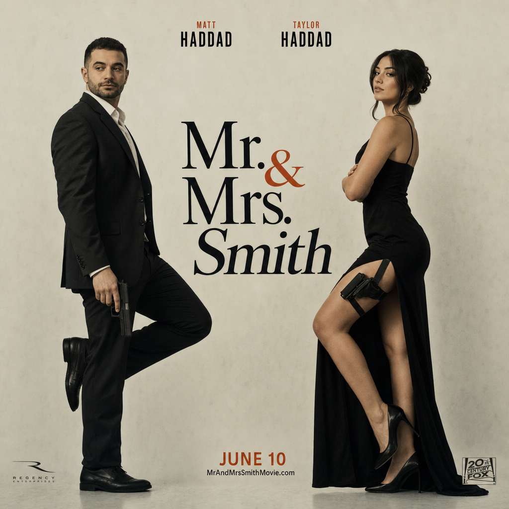 Can you turn this into a Mr and Mrs smith movie cover style photo with me and my husband