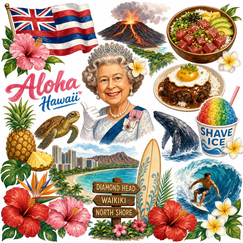 Cute Caricature Hawaii + Landesflagge + traditionelle Person Queen Elizabeth + typisches Essen + bekannteste Sehenswürdigkeiten + Blumen/Natur + 4K Oil Painting + White Background