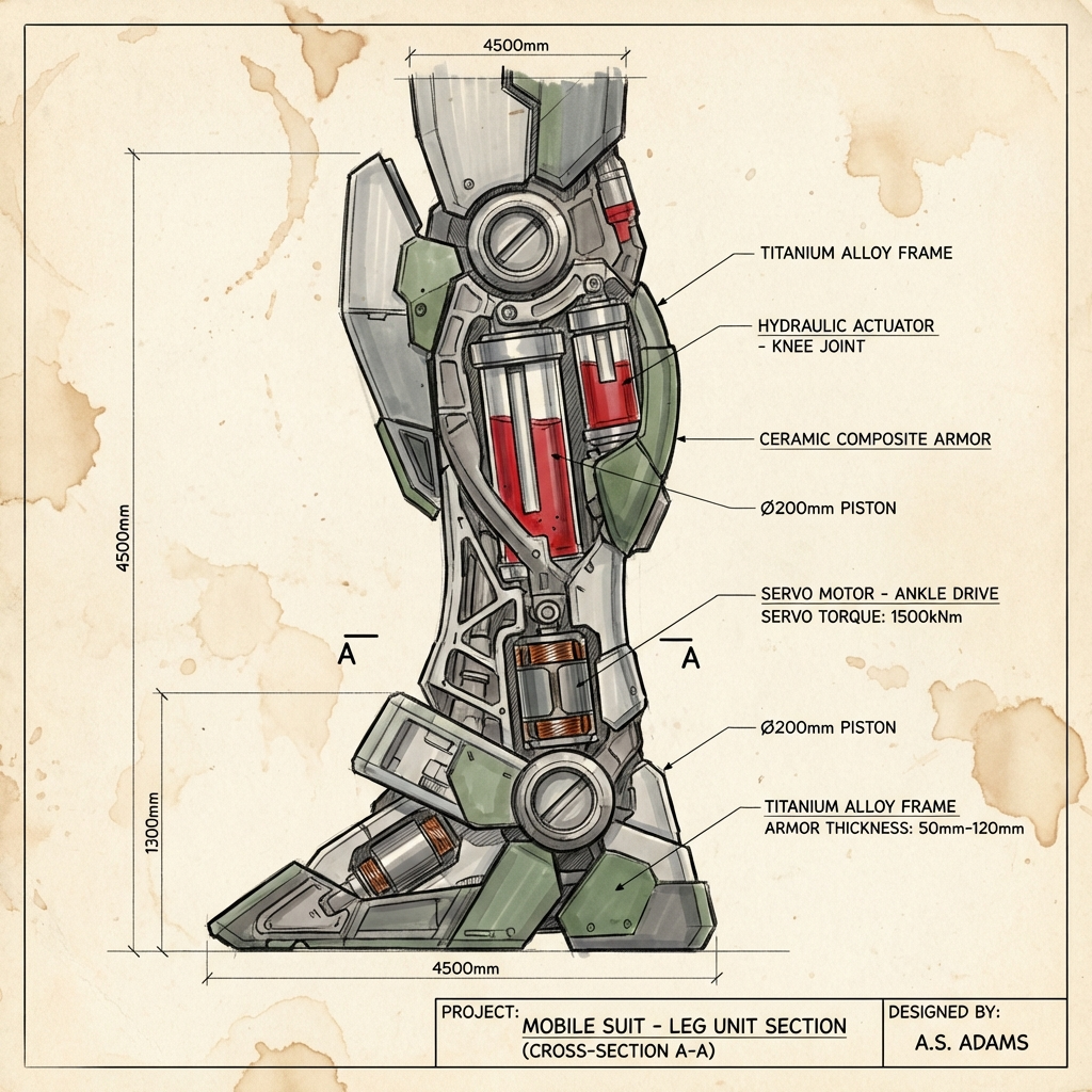 A cross-section diagram of a Gundam-style mecha leg. Display the internal hydraulic pistons, servo motors, and layered structure of armor plates. Style: industrial design sketch with detailed dimensional annotations.