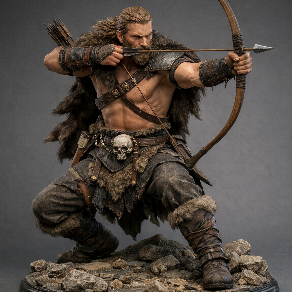 Create a full-body high-end 3D collectible statue with a visible base, designed as a physical object optimized for 3D printing.
SUBJECT / CONCEPT
A realistic Viking archer warrior (original character, not based on any existing photo), rugged and battle-worn, mid-action in a “moment before the shot” pose. The character must look like a premium collectible statue (not a toy, not a cartoon, not an illustration).
POSE 2 – MOMENT BEFORE THE SHOT (KEY)
Left leg forward, knee slightly bent, right leg back for support. Low, stable stance with the center of gravity down. Hips and torso in strong torsion (twist) toward the target. Left arm extended holding a traditional wooden longbow fully forward. Right arm pulled back with the arrow nocked, string visibly under tension. The bowstring must look taut and straight. The arrow aligned toward the target, with the archer’s dominant eye locked on the aim line. Hands and forearms show strain (tendons, tension). Expression: intense focus, controlled breathing, “one second before release”.
HEAD / FACE
Realistic face with strong Nordic features, weathered skin, subtle scars, cold determined eyes. Thick long beard and medium-long hair. Hair and beard flow backward as if wind is pushing from front to back, but sculpted and believable (not exaggerated). Eyebrows heavy, gaze sharp.
CLOTHING / ARMOR (MATCH THE ORIGINAL STYLE)
- Bare torso (or minimal straps), muscular but realistic (not superhero).
- A thick bear pelt/animal fur draped over one shoulder (preferably the left), showing clear fur texture and layered volume.
- Leather straps crossing the chest (bandolier style) with metal rivets and stitching.
- One shoulder guard/pauldron with rough metal/leather look, worn edges.
- Bracers/wrist wraps on both arms, rugged leather with straps and buckles.
- Belt with pouches and a small skull/ornament at the front (optional but fits the original vibe).
- Simple Viking skirt/tunic: layered fabric + fur waist layer, battle-worn edges, visible cloth weave.
- Boots: heavy leather boots with fur trim at the top, stitching, creases, dirt.
WEAPONS / GEAR
- Longbow: carved wood with subtle imperfections, wrapped grip, realistic proportions.
- Arrow: visible shaft, fletching, and sharp broadhead/iron tip. Quiver on the back or hip with extra arrows (optional).
- Small axe or seax knife at the belt (optional), but keep it believable and not cluttered.
BASE
A premium display base with rocky ground and scattered stones, slight slope to enhance the dynamic stance. Foot contact points must be stable. Base must look like a real physical sculpted base, not a flat photo surface.
SCULPT / MATERIAL QUALITY
Hyper-detailed sculpt suitable for resin/3D printing: crisp textures (fur, leather grain, cloth weave, wood grain, metal scratches), clean separations between materials, no melted details. Realistic anatomy and weight distribution. No visible modern objects.
LIGHTING / RENDER STYLE
Studio-like cinematic lighting (soft key light + subtle rim light) that highlights textures and forms. Neutral background or simple gradient. Depth of field is allowed but must keep the full statue readable. Photoreal render of a physical collectible statue.
EXCLUSIONS
No cartoon style, no anime, no Disney, no toy look, no stylized chibi, no exaggerated proportions, no modern clothing, no modern environment, no text, no watermark.