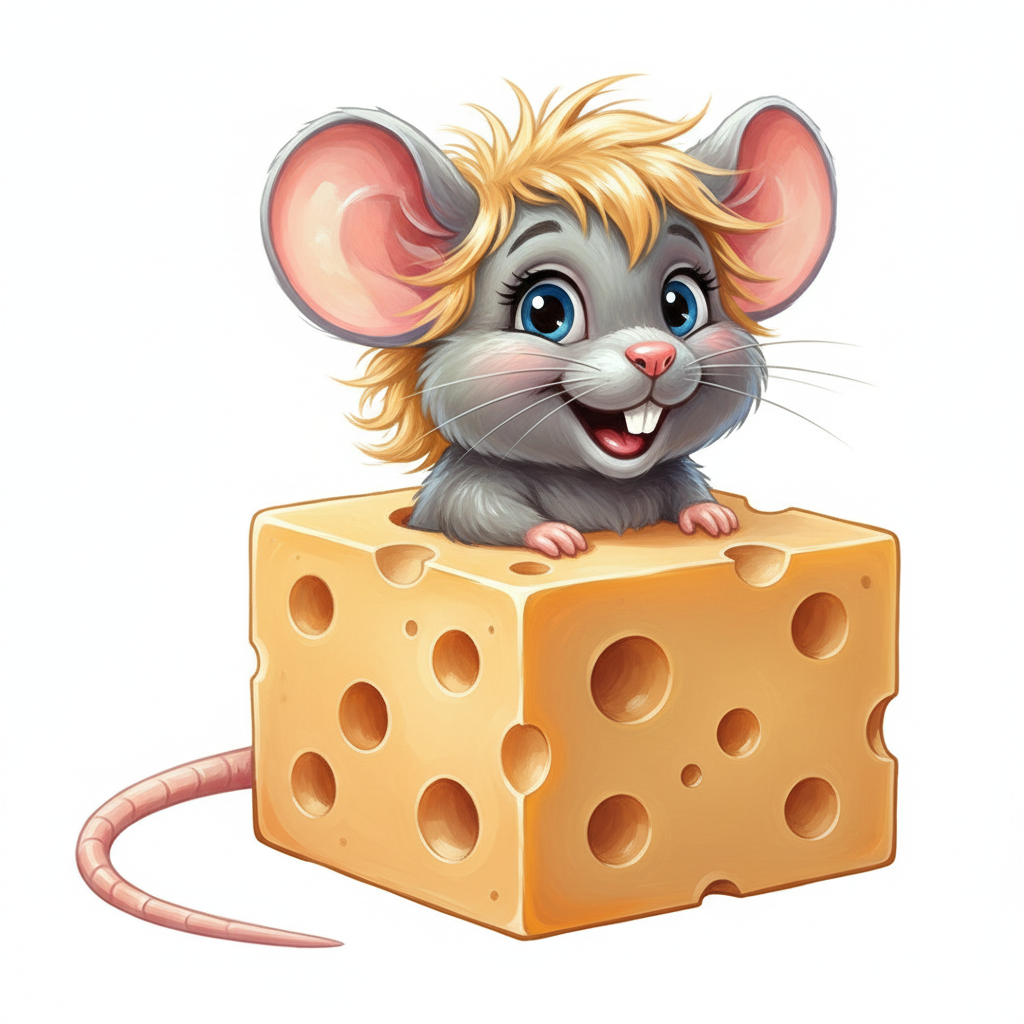cute caricture glossy, cheerful cartoon mouse with big eyes, wild, fluffy blonde hair and oversized, bright pink inner ears, sitting in a large, hollowed-out block of Swiss cheese. The mouse has a cheerful facial expression with striking white front teeth, blue eyes, and soft gray fur. A long, thin mouse tail rolls gracefully from the back of the cheese block and winds along d Rendering in Native 4K, oil painting, white background