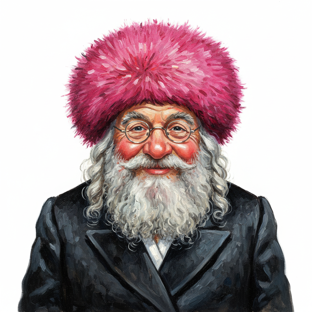 cute caricature glossy older jewish man with a long, textured gray beard, side curls, and round glasses, wearing a distinctive, fluffy, oversized neon pink fur hat and a dark coat.. Rendering in Native 4K. ,oil painting, white background