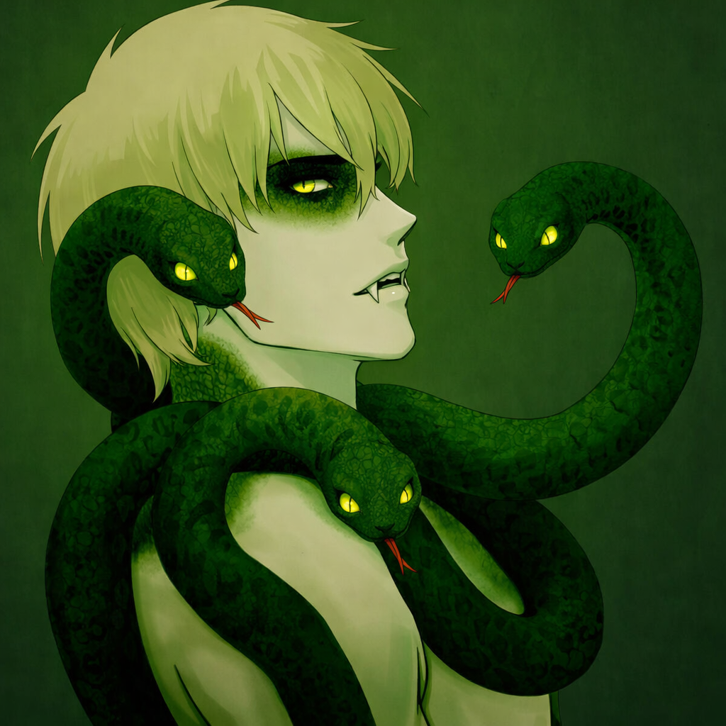 Make him look subtly to the side, maintaining a penetrating gaze; the snakes move, their eyes are directed towards the viewer.