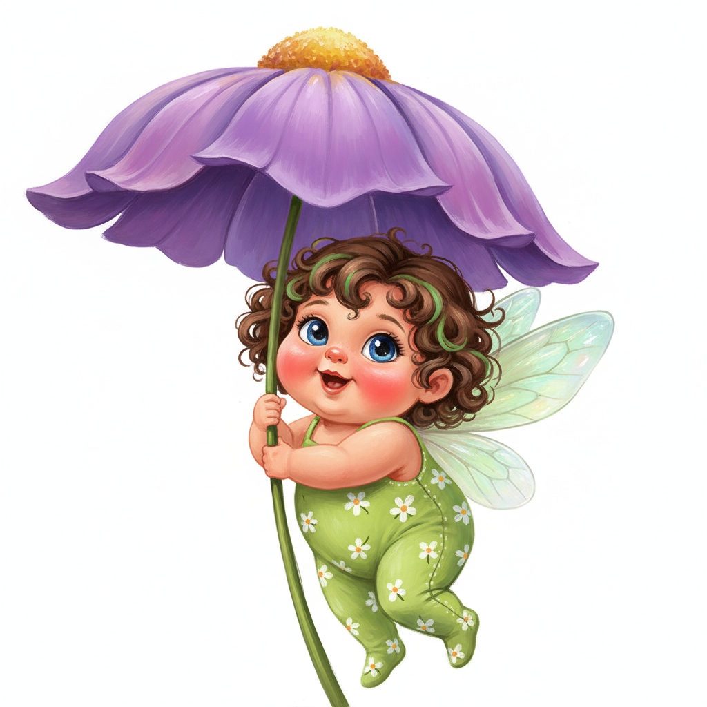cute caricature adorable baby fairy with big, expressive blue eyes, rosy cheeks and curly brown hair with green highlights. The fairy wears a cute, lime green romper with a floral pattern, small white floral details, and delicate, translucent, light green, iridescent, insect-like wings. The fairy baby playfully clings to the stem of an oversized, bright flower that serves as an umbrella. The flower has a golden yellow center and large, delicate purple petals that crown above the fairy's head. The character has a cheerful, sweet expression and is portrayed in a soft, quirky, cinematic styleRendering in Native 4K. ,oil painting, white background