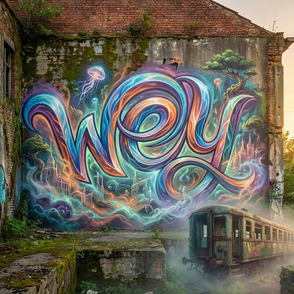 a surreal and vibrant cinematic photo of a stunning  graffiti  with the name WEY showcasing a mesmerizing blend of street art and dreamlike scenery, where the symmetric style of the graffiti creates a sense of harmony the letters conecting whit visual balance. on the legendary WEY Graffiti