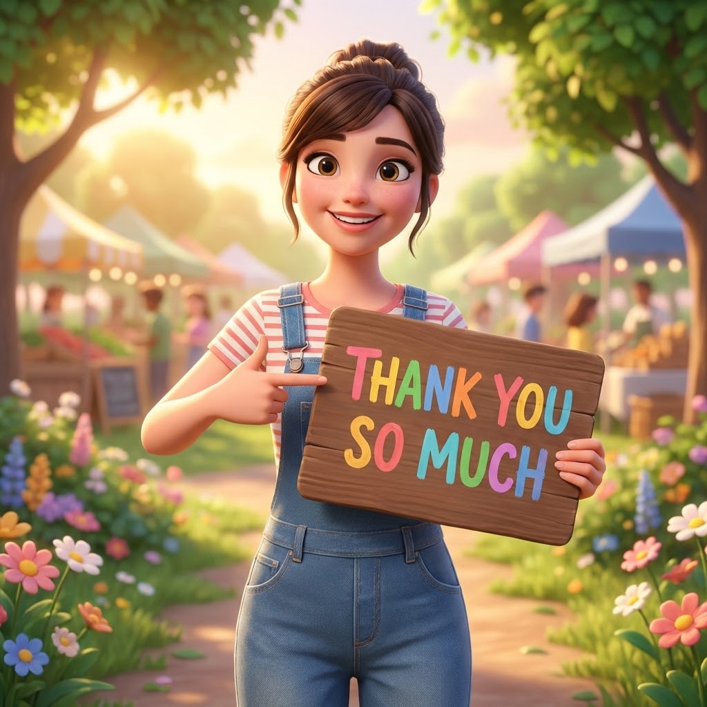 Create a 3D character of a beautiful girl who is holding a board. She is pointing at the board, which has the words "THANK YOU SO MUCH" written on it, with each letter in a different vibrant color. Capture a cheerful and graceful moment as if it's caught in a photograph. The background should be bright and inviting, enhancing the joyful atmosphere of the scene.