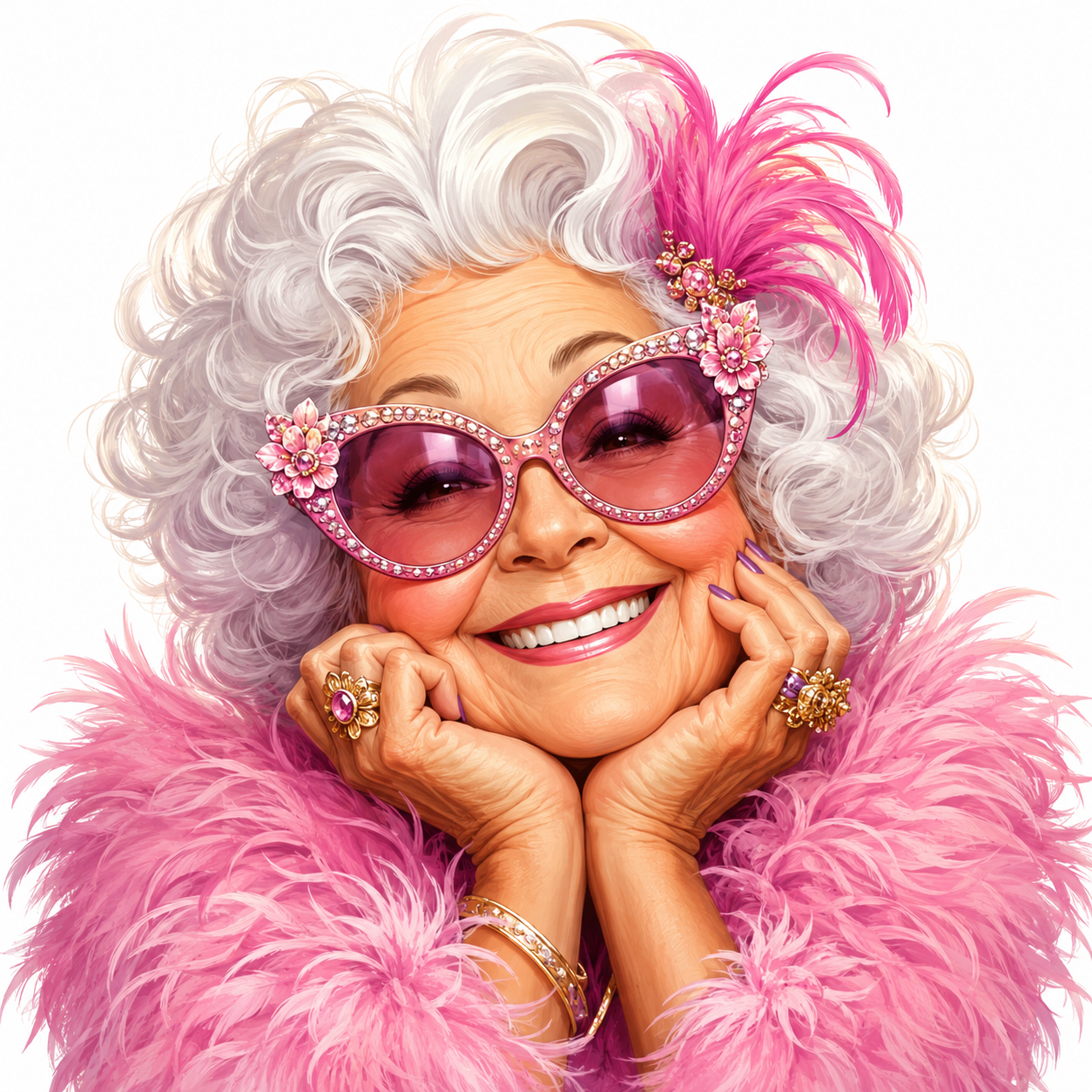 Cute caricature, high-quality Illustration of a glamorous, cheerful older woman with voluminous white hair, smiling broadly with her chin resting on her hands. She wears oversized, glittery pink floral cat-eye sunglasses, a fluffy pink feather boa, and a bright pink feather hairpiece tucked into her hair. Her fingers are decorated with gold rings and her nails are painted purple. . Rendering in Native 4K, 50 pixels oil painting, white background