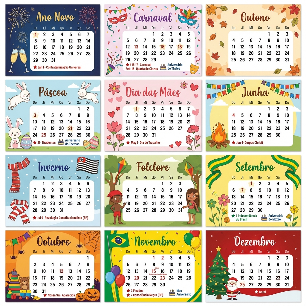 gere para mim, imagens de calendários mensais de 2026 especificando os dias de feriados, levando em consideração os feriados do estado de são Paulo, mês a mês no qual cada mês tem uma decoração com o tema festivo temático dele, exemplo: dezembro com tema natal e assim por diante. incluindo: novembro meu aniversário dia 23, fevereiro aniversário do Thales dia 13, abril aniversário do Thomas dia 26 e setembro aniversário do Mozão dia 01