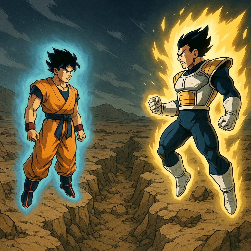 Panel 1 — Inertia (Aerial Wide Shot)
Prompt:
"Aerial wide shot comic panel of two original martial arts characters hovering above a rocky landscape.
HERO: orange-gi martial artist, warm peach skin (#F2C7AA), jet-black hair with blue rim-light (#3A75FF), dark ocean blue undershirt/belt (#1A2F6F), deep red wristbands/boot trim (#A3001A), tan boots (#D4B48A), calm sky-blue aura (#87CEFA).
RIVAL: armored power fighter, light tan skin (#EAC9B1), dark navy-black hair (#0B0D20), white armor with gold trim (#E6B53A), midnight blue bodysuit (#0E1C4E), white gloves/boots (#F5F5F5), harsh yellow-white aura (#FFEF6A).
Dynamic comic style, dramatic lighting, serious tone, cinematic wide shot."
Panel 2A — Energy Blast (Mid Shot, Diagonal)
Prompt:
"Mid-shot comic panel, diagonal view, hero firing a bright blue energy blast at rival.
HERO: orange-gi martial artist with warm peach skin (#F2C7AA), black hair with blue rim-light (#3A75FF), dark ocean blue undershirt/belt (#1A2F6F), deep red wristbands/boot trim (#A3001A), tan boots (#D4B48A), electric blue aura (#0CF4FF).
RIVAL: armored fighter in white armor with gold trim (#E6B53A), midnight blue bodysuit (#0E1C4E), reacting to the blast with aura flaring (#FFEF6A).
Dynamic action pose, vivid colors, dramatic comic lighting, serious tone."
Panel 2B — Power-Up (Low Angle Up-Shot)
Prompt:
"Low-angle up-shot comic panel, rival powering up, aura exploding with gold lightning and white cores (#FFD400), ground cracking beneath.
RIVAL: armored power fighter, light tan skin (#EAC9B1), dark navy-black hair (#0B0D20), white armor with gold trim (#E6B53A), midnight blue bodysuit (#0E1C4E), white gloves/boots (#F5F5F5).
Dynamic, dramatic comic style, cinematic lighting, intense serious tone, energy aura glowing."
Panel 3 — Action–Reaction (Head-On Impact)
Prompt:
"Head-on impact comic panel: hero braced, rival lunging with punch, visible shockwave between them.
HERO: orange-gi martial artist, calm electric blue aura (#0CF4FF), dynamic pose.
RIVAL: armored fighter, aura flaring gold (#FFD400), mid-punch.
Vivid comic colors, dramatic lighting, serious tone, cinematic dynamic composition."
Panel 4 & 5 — Splash + Aftermath
Prompt:
"Large splash comic panel: hero in foreground waving, calm blue aura (#87CEFA), rival spiraling away in mid-air trailing gold lightning aura (#FFD400).
Top-down inset shows crater with rival chibi-KO'd inside, hero hovering above.
HERO: orange-gi martial artist, warm peach skin (#F2C7AA), black hair with blue rim-light (#3A75FF), orange gi, deep red wristbands/boot trim, tan boots.
RIVAL: armored fighter, white armor with gold trim (#E6B53A), midnight blue bodysuit.
Highly detailed, vivid comic colors, dramatic lighting, cinematic composition, serious tone."
