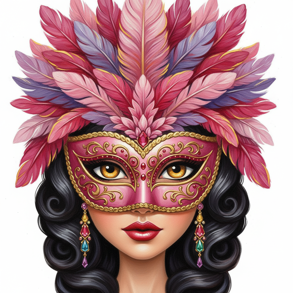 cute caricature glossy acrylic oil, chibiWoman with stylized, elegant appearance. Her face is partially obscured by an elaborate pink Venetian masquerade mask decorated with gold filigree, red gemstones, and intricate details around the eyes. The mask covers her eyes and nose, revealing her full red lips and the lower half of her face. She has large, expressive golden eyes, defined black eyelashes, and perfectly arched eyebrows. Her dark, voluminous hair is styled in gentle waves, framing her face and flowing under the mask. Above her head rises a dramatic headdress of large, overlapping feathers in shades of pink, magenta and purple with golden outlines. She wears elaborate, dangling earrings with colorful gemstones .Rendering in Native 4K. oil painting, white background