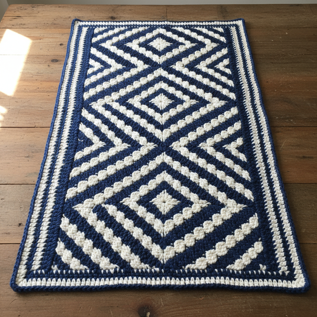 2 colors, overlay crochet, 210 stitches wide, hight propotional