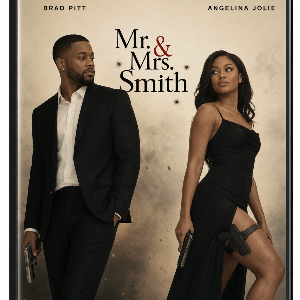 Can you turn this photonqp above into a Mr and Mrs smith movie cover style photo with me and my husband