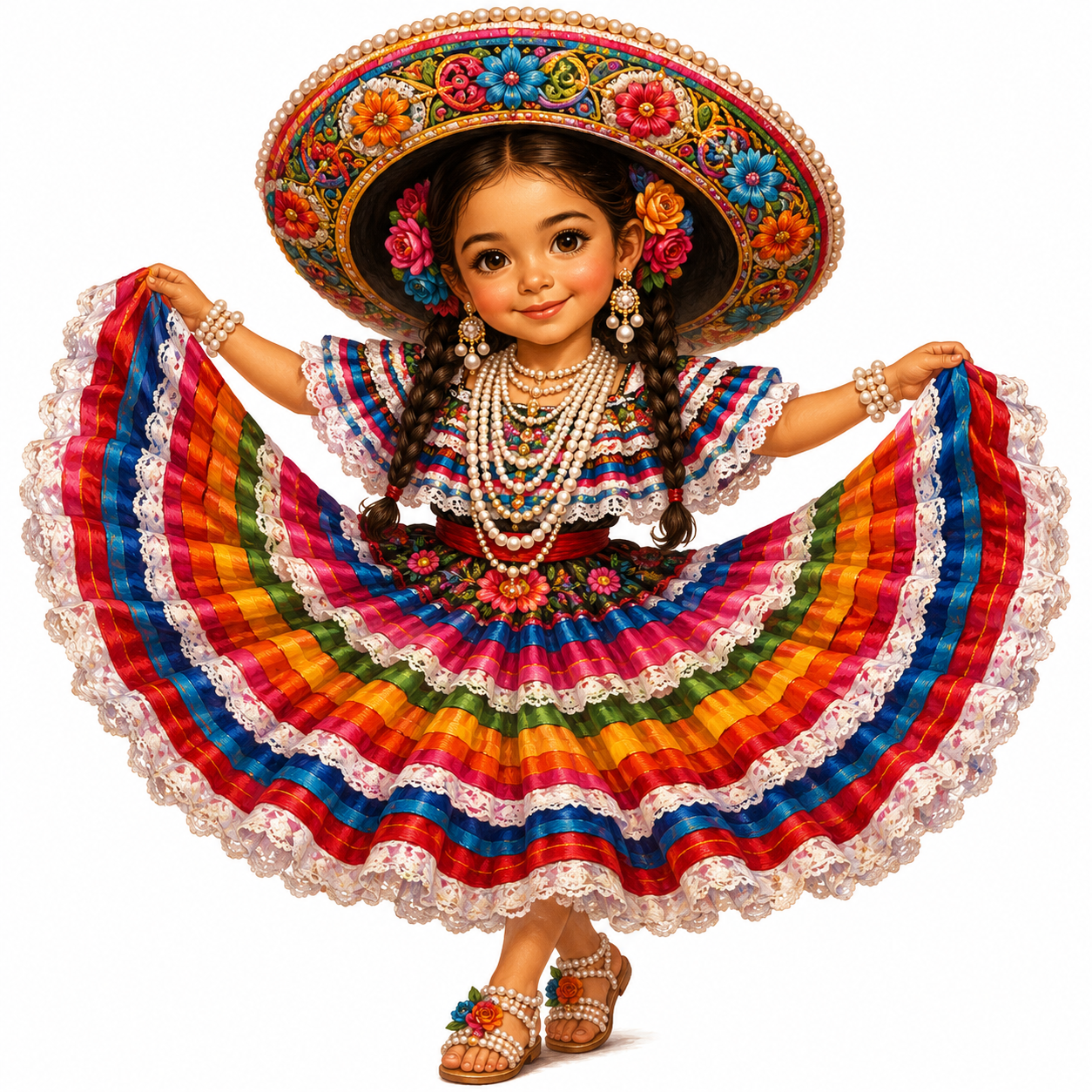 Cute Caricature Illustration of a young girl with brown eyes and braided hair wearing a festive, multicolored, Mexican-inspired cultural outfit. She wears a wide, ornate sombrero decorated with intricate, colorful patterns and embroidery. Her dress consists of a flared, layered skirt with horizontal, bright stripes in shades of red, blue, orange, yellow and green and a ruffled, white trimmed hem. She wears elaborate layered pearl necklaces, dangling earrings, and decorative pearl sandals with colorful floral accessories that she puts in her ears. She is captured in the middle of the movement by holding the edges of her dress to show its circular spread.  Rendering in Native 4K, Oil Painting, White Background