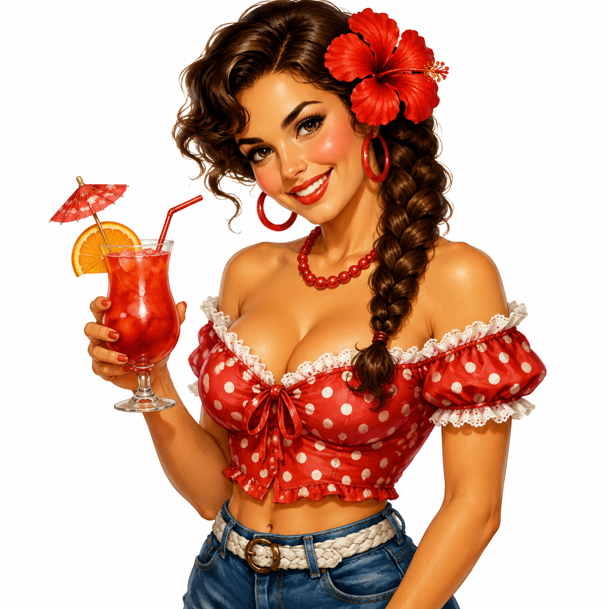 cute caricature pin up style beautiful woman with wavy chestnut brown hair braided in a braid, adorned with a large red hibiscus flower and matching red hoop earrings, and wearing a red off-the-shoulder polka dot top with white lace trim, a red pearl necklace, and blue jeans with a braided white belt. She holds a tropical cocktail glass filled with a red drink, garnished with an orange slice and a miniature paper umbrella,   Rendering in Native 4K. oil painting, white background