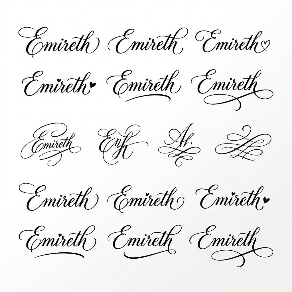 Una sola imagen grande tipo lámina con muchas ideas de firmas muy femeninas.
Incluir firmas en letra cursiva elegante con el nombre "Emireth" y también firmas artísticas sin nombre.
Estilo manuscrito romántico, trazos finos de pluma, curvas suaves y fluidas.
Bucles delicados, letras conectadas, finales largos y elegantes.
Algunas firmas con subrayados curvos, pequeños corazones sutiles y detalles femeninos.
Tinta negra sobre fondo blanco limpio.
Composición ordenada en filas, todas las firmas visibles y grandes.
Estética elegante, delicada, femenina y sofisticada.
Alta resolución.