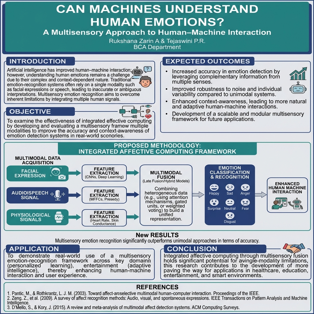 INTRODUCTION (Errors → Corrections)

❌ hmproved → ✅ improved
❌ inconsertent / inconserent → ✅ inconsistent
❌ imrallfite / imrallitie → ✅ inherent
❌ spitich / spitich → ✅ speech

✅ Correct INTRODUCTION (USE THIS EXACTLY)

Artificial intelligence has improved human–machine interaction; however, understanding human emotions remains a challenge due to their complex and context-dependent nature. Traditional emotion-recognition systems often rely on a single modality such as facial expressions or speech, leading to inaccurate or ambiguous interpretations. Multisensory emotion recognition aims to overcome inherent limitations by integrating multiple human signals.

2️⃣ METHODOLOGY – MULTIMODAL FUSION (Major errors here)

❌ combinee → ✅ combines
❌ physio-logical (broken) → ✅ physiological
❌ conextine / connexte → ✅ contextual
❌ reprsentation → ✅ representation

✅ Correct MULTIMODAL FUSION TEXT

Late-fusion or hybrid techniques combine visual, audio, and physiological features into a unified representation, enabling improved contextual emotion analysis.

3️⃣ EMOTION LABEL ERRORS

❌ Suprsie → ✅ Surprise
❌ Feart → ✅ Fear
❌ Duplicate Disgust → ✅ Use only once

✅ Correct Emotion List

Neutral

Happy

Sad

Surprise

Fear

Disgust

4️⃣ RESULTS SECTION

❌ Accoracy → ✅ Accuracy
❌ Repeated sentence twice → ✅ Keep only once

✅ Correct RESULTS TEXT

Multisensory emotion recognition significantly outperforms unimodal approaches in terms of accuracy.

5️⃣ REFERENCES (Critical for judges)

❌ Toward affet-sensitive → ✅ Toward affect-sensitive
❌ Computing Survyes → ✅ Computing Surveys

✅ Correct Reference Example

Pantic, M., & Rothkrantz, L. J. M. (2003). Toward affect-sensitive multimodal human–computer interaction. Proceedings of the IEEE.