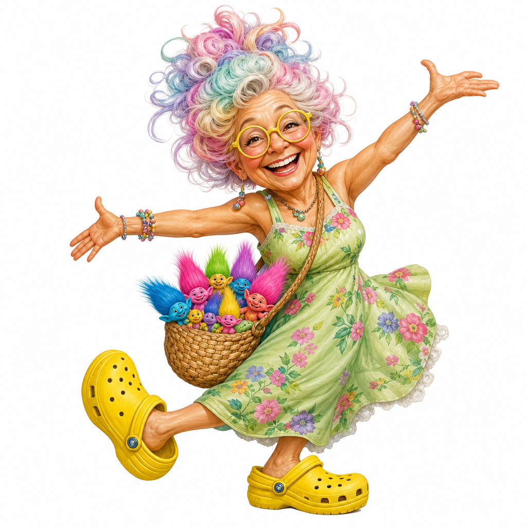 cute caricature  Illustration of a cheerful, elderly woman with wild, colorful pastel hair styled in voluminous curls, wearing round glasses with yellow borders and a broad, toothy grin. She wears a light green floral summer dress and oversized bright yellow clog-style shoes. She is trapped in a joyful, dancing pose with her arms outstretched, carrying a woven straw shoulder bag full of tiny, colorful, expressive troll-like toy figures. 50 pixel, Rendering in Native 4K. oil painting, white background