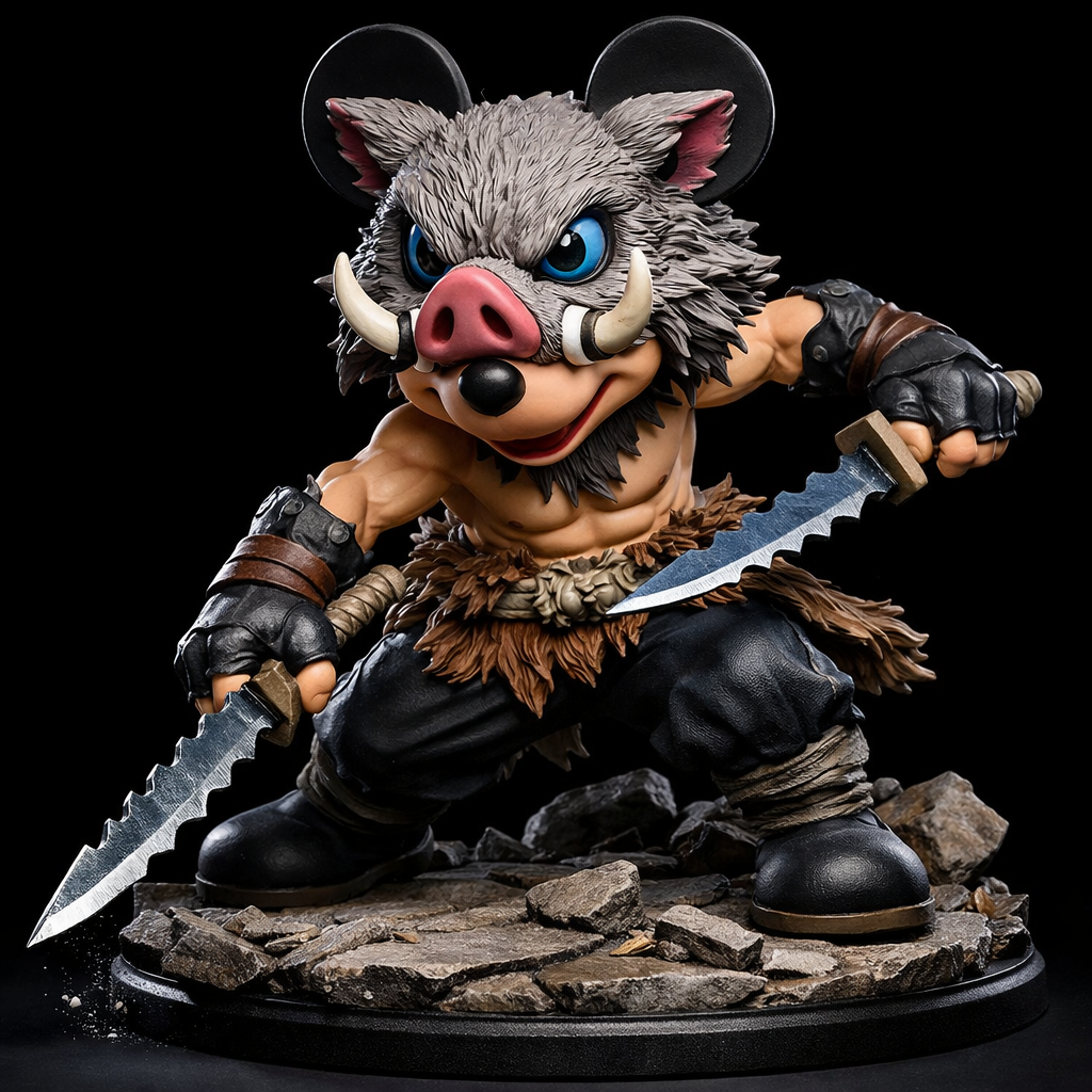 Create a full-body high-end 3D collectible statue with a visible base, designed as a physical object optimized for 3D printing.

IDENTITY / CORE DESCRIPTION
Anthropomorphic mouse character unmistakably recognizable as MICKEY MOUSE dressed as a wild dual-sword warrior inspired by Inosuke Hashibira. This must clearly be Mickey Mouse wearing the boar mask and warrior style, not a generic creature. Mickey’s round ears must remain clearly visible through the boar mask.

CHARACTER DESIGN
Mickey Mouse wearing a large boar head mask adapted to his head shape, with the two Mickey ears sticking out through the top of the mask. The boar mask has tusks, fur texture, and intense eyes. Mickey has a muscular warrior body and wears a fur belt and rough warrior clothing.

POSE
Dynamic aggressive pose with both arms extended holding two serrated swords. Mickey stands in a feral battle stance as if ready to attack.

BASE
Rocky ground base with cracks and debris. One of the swords slightly touches the base creating a strong dynamic composition.

DETAILS
Boar mask fur textures, tusks, serrated swords, warrior belt made of animal fur, detailed sculpted muscles and cloth folds.

STYLE
High-end collectible statue, ZBrush sculpt style, extremely detailed sculpt, sharp edges, clean surfaces, optimized volumes for 3D printing.

LIGHTING / RENDER STYLE
Studio lighting, dramatic shadows, cinematic collectible statue presentation.