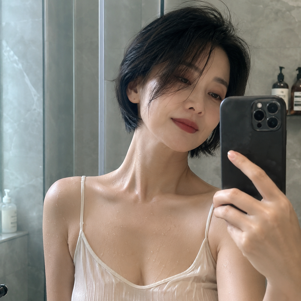 一个40的中国短发优雅女人，在浴室，穿着有点湿润的吊带背心自拍，唯美艺术