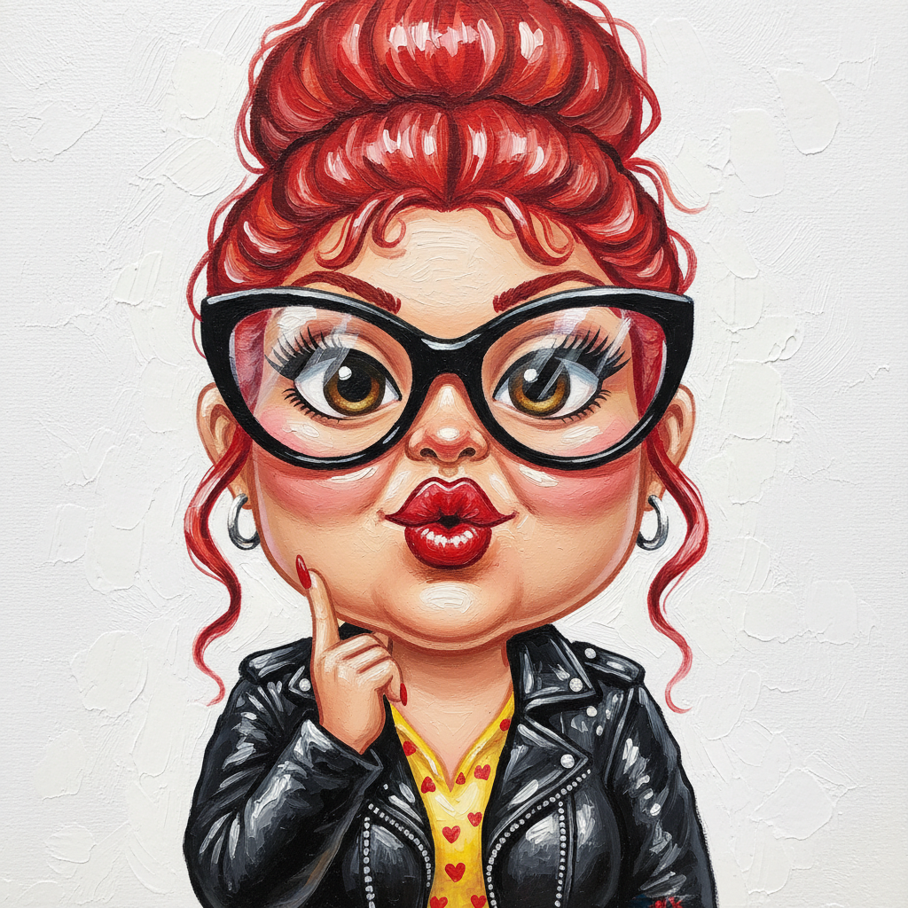 cute caricature in shiny acrylic oil, Chibi Woman with exaggerated, cartoonish features, with bright red, voluminous hair styled into a tall bun and her face framed by loose strands. She wears oversized black cat-eye glasses that dominate her face, reflect light, and accentuate her large, expressive eyes with long eyelashes. Her lips are oversized, shiny and bright red and pursed. Her face is distorted with exaggerated expressions, including deep wrinkles and a comically pursed mouth, with one hand gently touching her chin. She wears a black leather jacket over a yellow top with red heart patterns and small silver hoop earrings.s. Rendering in Native 4K. oil painting, white background