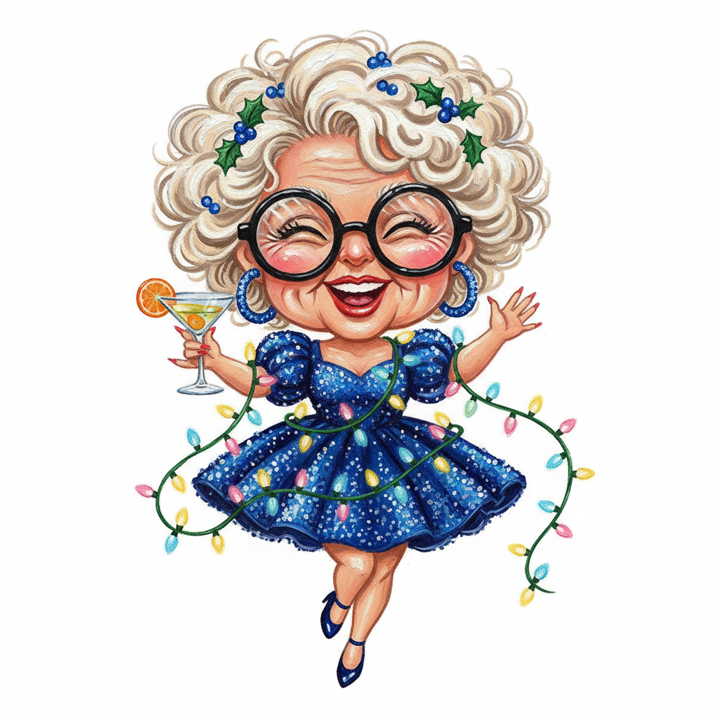 Cute caricature Chibi glossy quirky caricature style of a cheerful, older blonde woman with voluminous, curly hair adorned with blue Christmas berries and holly leaves. Wearing oversized round glasses, blue hoop earrings, and a sparkling, glittering dark blue sequin dress, she stands in a cheerful, celebratory pose. In one hand she holds a martini glass garnished with an orange slice, while the other hand gestures playfully. A long, festive strand of colorful, glowing Christmas lights (yellow, pink, blue, green) is elegantly draped around her body.  Rendering in Native 4K. oil painting, white Background