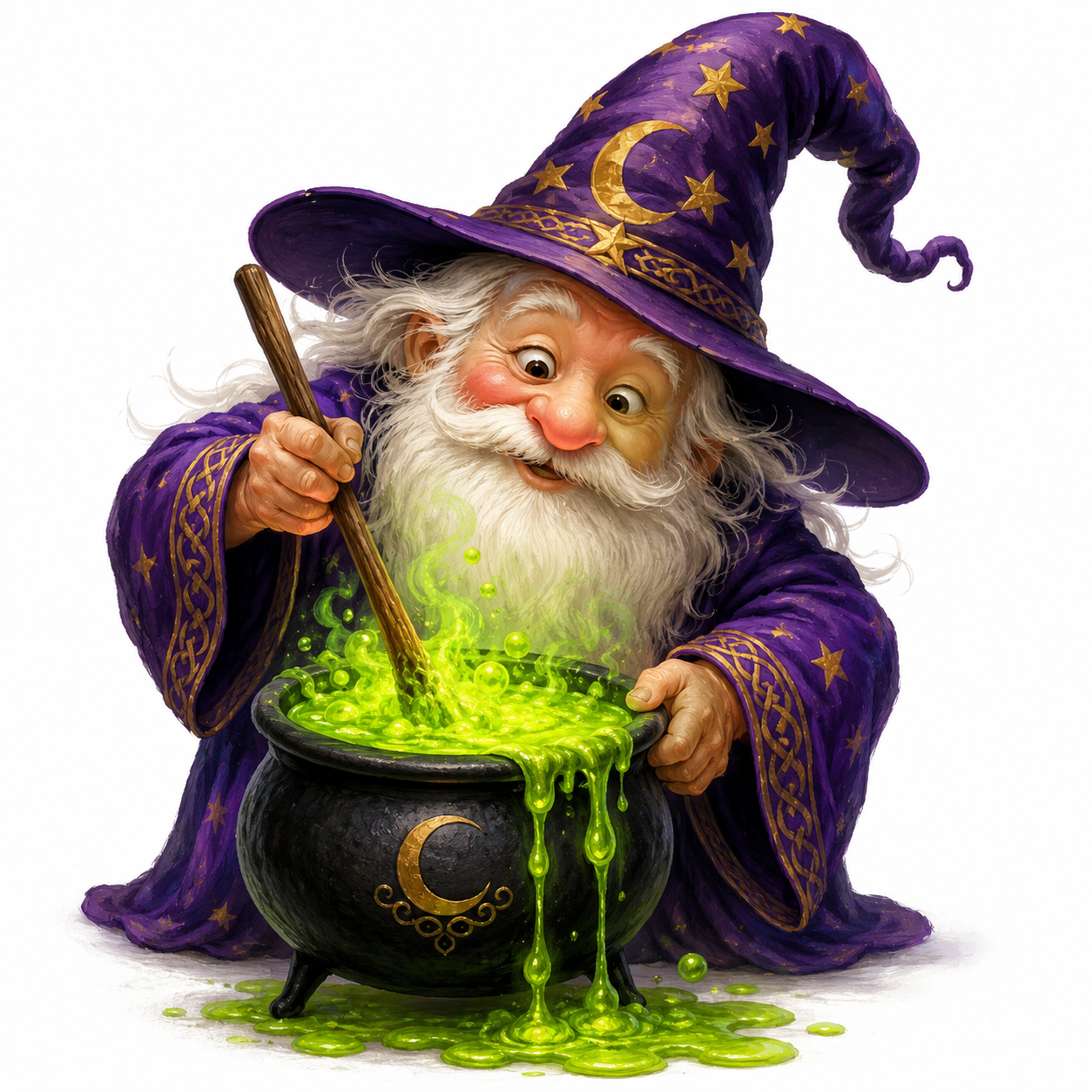 cute caricature quirky, cute magic nom with a long, flowing white beard wearing a wide-brimmed, dark purple magic hat adorned with gold stars and a crescent moon, as well as a matching purple robe with gold star patterns and intricate Celtic-style embroidery on the cuffs. The magician leans over a small black iron cauldron with three short legs and uses a wooden stirring rod to swirl a bright, luminous neon green potion that bubbles over the side and spills onto the surface below. The cauldron is decorated on its side with a small, gold-embossed crescent symbol. Rendering in Native 4K. oil painting, white Background