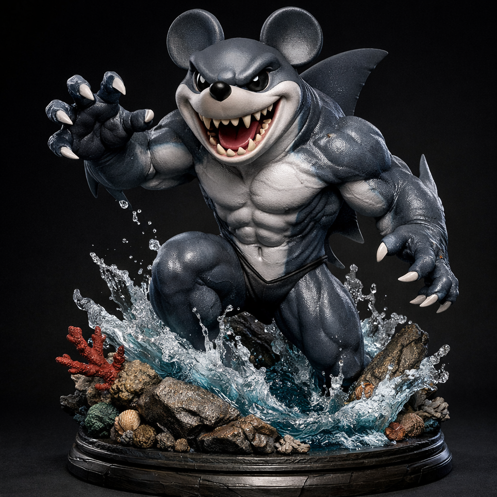 Create a full-body high-end 3D collectible statue with a visible base, designed as a physical object optimized for 3D printing.

IDENTITY / CORE DESCRIPTION
Anthropomorphic mouse character unmistakably recognizable as MICKEY MOUSE combined with the powerful anatomy of a humanoid shark. This character must clearly be MICKEY MOUSE transformed into a shark-like warrior, not a generic shark creature. Mickey’s round ears must remain clearly visible on top of the shark head.

CHARACTER DESIGN
Mickey Mouse with a muscular humanoid shark body, large dorsal fin on the back, powerful arms and legs, and a shark head with sharp teeth while still retaining Mickey's recognizable facial structure. The shark skin has smooth textures and subtle aquatic patterns.

POSE
Dynamic emerging pose. Mickey Shark is rising from a rocky ocean base with water splashing around his legs. One arm raised forward with claws open while the other arm is slightly pulled back as if preparing to strike. The posture is aggressive and powerful.

BASE
Rocky ocean base with waves and splashing water surrounding the character's feet. Broken coral and ocean rocks add texture and support to the composition.

DETAILS
Shark skin textures, dorsal fin, muscular anatomy, sharp teeth, strong claws, subtle aquatic details around the base.

STYLE
High-end collectible statue, ZBrush sculpt style, extremely detailed sculpt, sharp edges, clean surfaces, optimized volumes for 3D printing.

LIGHTING / RENDER STYLE
Studio lighting, dramatic shadows, cinematic collectible statue presentation.